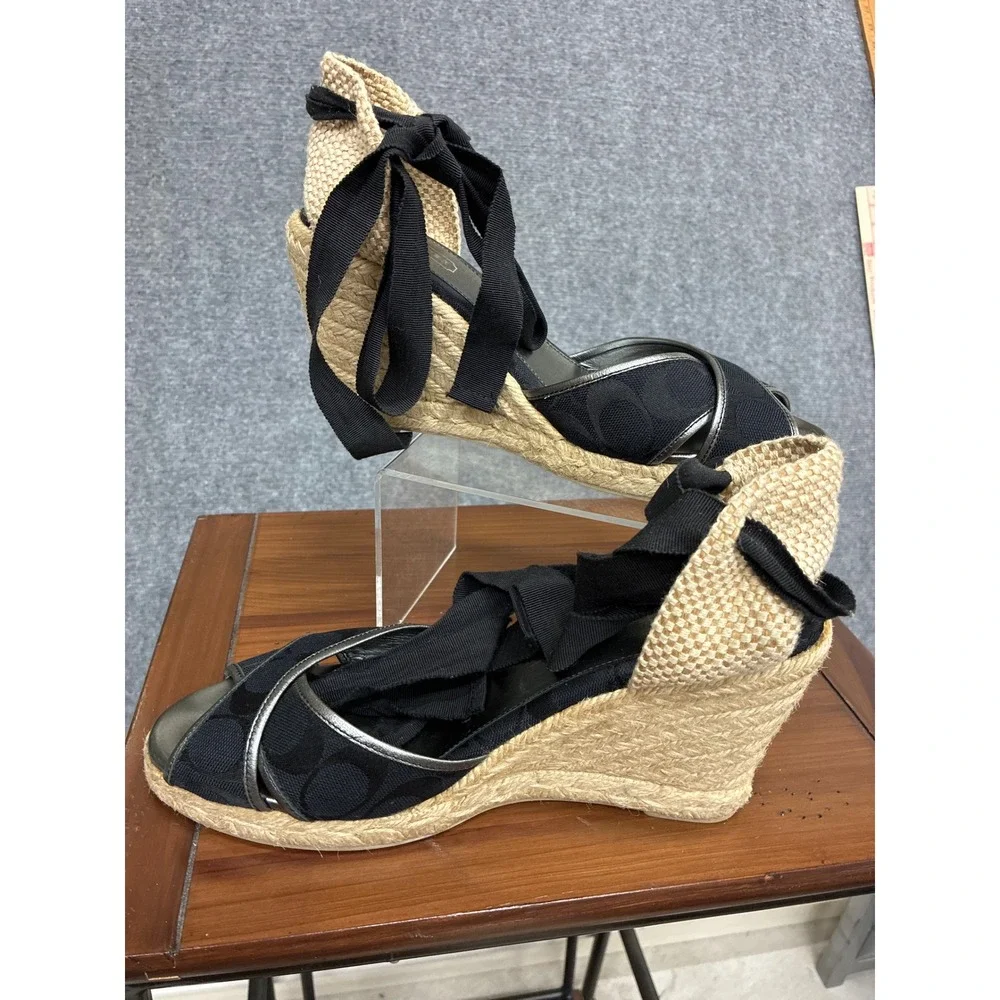 Coach Signature C Monogram Espadrille Wedge Sandals Black Ankle Tie Womens 9B